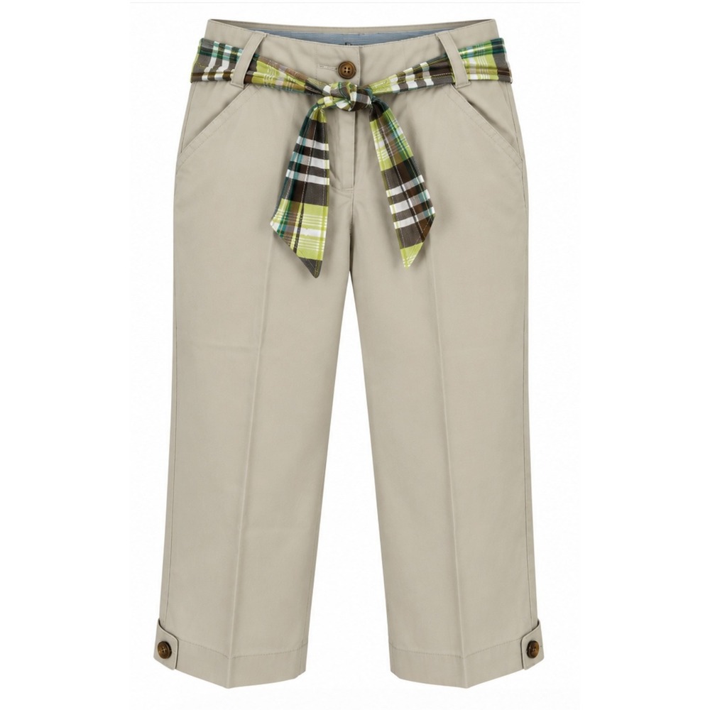 Lands End Chino Crop Pants Women 6 Tan Plaid Belted EUC